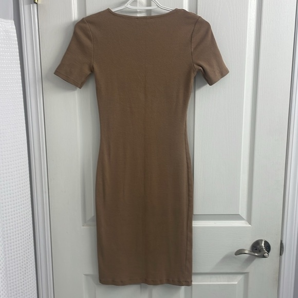 Zara Midi Bodycon Dress Ribbed Square Neck Short Sleeves Tan Size S - Picture 6 of 11